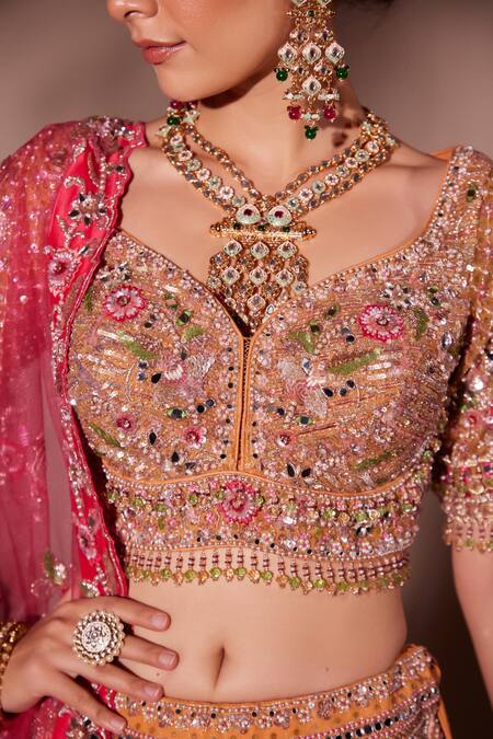 Chaashni By Maansi And Ketan Orange Organza, Net Sequins, Pearls, Beads, Embroidery Bridal Lehenga Set at Aza Fashions Chaashni By Maansi And Ketan_Orange Organza, Net Sequins, Pearls, Beads, Embroidery Bridal Lehenga Set _at_Aza_Fashions