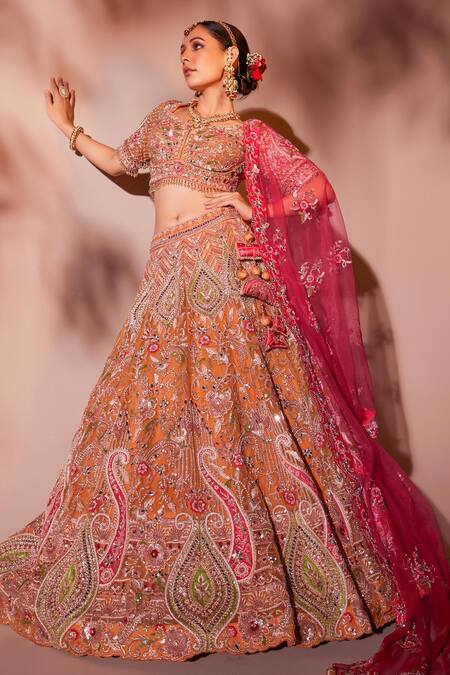 Buy Chaashni By Maansi And Ketan Orange Organza, Net Sequins, Pearls, Beads, Embroidery Bridal Lehenga Set Buy_Chaashni By Maansi And Ketan_Orange Organza, Net Sequins, Pearls, Beads, Embroidery Bridal Lehenga Set