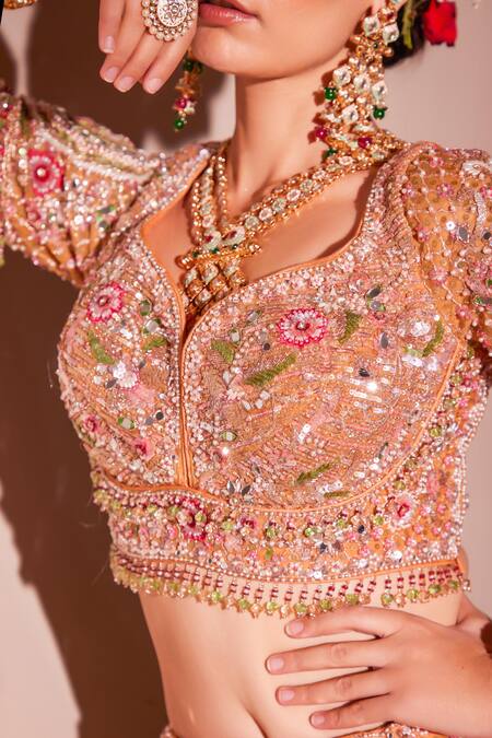 Shop Chaashni By Maansi And Ketan Orange Organza, Net Sequins, Pearls, Beads, Embroidery Bridal Lehenga Set Shop_Chaashni By Maansi And Ketan_Orange Organza, Net Sequins, Pearls, Beads, Embroidery Bridal Lehenga Set