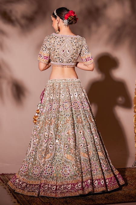 Chaashni By Maansi And Ketan Green Organza, Net Sequins, Pearls, Mirrors, Embroidered Work Lehenga Set Online at Aza Fashions Chaashni By Maansi And Ketan_Green Organza, Net Sequins, Pearls, Mirrors, Embroidered Work Lehenga Set _Online_at_Aza_Fashions