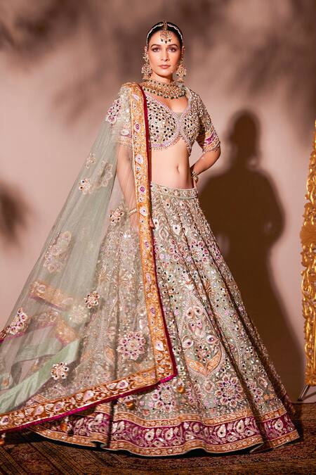 Shop Chaashni By Maansi And Ketan Green Organza, Net Sequins, Pearls, Mirrors, Embroidered Work Lehenga Set Online at Aza Fashions Shop_Chaashni By Maansi And Ketan_Green Organza, Net Sequins, Pearls, Mirrors, Embroidered Work Lehenga Set _Online_at_Aza_Fashions