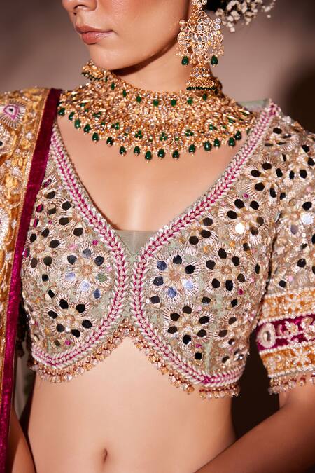 Buy Chaashni By Maansi And Ketan Green Organza, Net Sequins, Pearls, Mirrors, Embroidered Work Lehenga Set Buy_Chaashni By Maansi And Ketan_Green Organza, Net Sequins, Pearls, Mirrors, Embroidered Work Lehenga Set