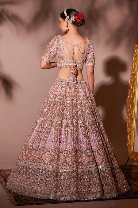 Chaashni By Maansi And Ketan_Beige Organza, Net Beads, Tassels, Geometric Floral Mirror Work Lehenga Set _Online_at_Aza_Fashions