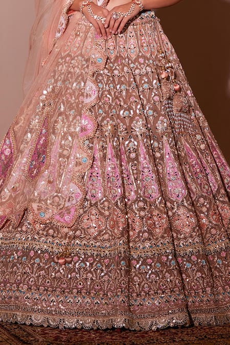 Buy_Chaashni By Maansi And Ketan_Beige Organza, Net Beads, Tassels, Geometric Floral Mirror Work Lehenga Set _Online_at_Aza_Fashions