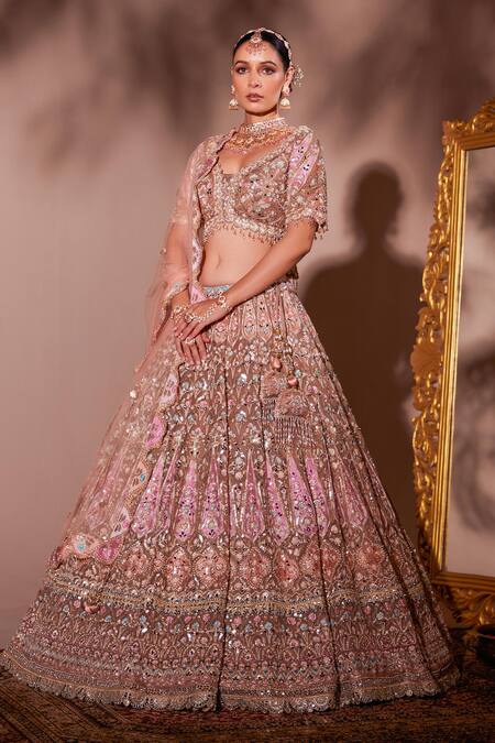 Shop_Chaashni By Maansi And Ketan_Beige Organza, Net Beads, Tassels, Geometric Floral Mirror Work Lehenga Set _Online_at_Aza_Fashions