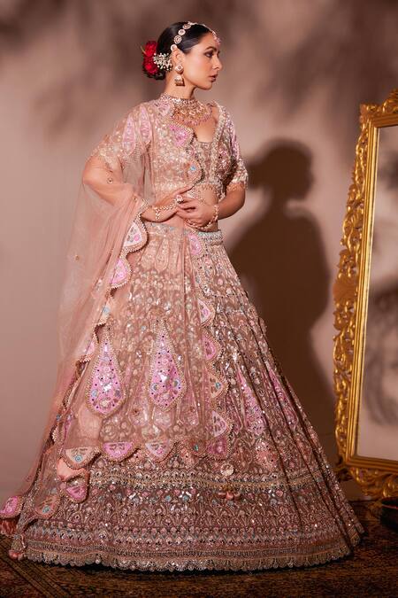 Chaashni By Maansi And Ketan_Beige Organza, Net Beads, Tassels, Geometric Floral Mirror Work Lehenga Set _at_Aza_Fashions