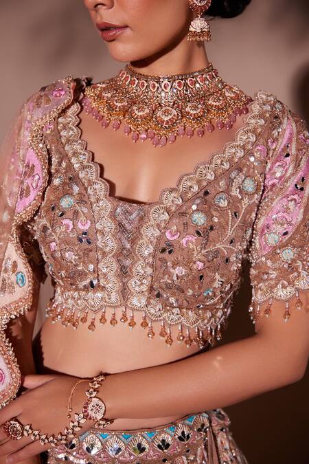 Buy_Chaashni By Maansi And Ketan_Beige Organza, Net Beads, Tassels, Geometric Floral Mirror Work Lehenga Set 