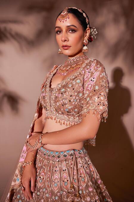 Shop_Chaashni By Maansi And Ketan_Beige Organza, Net Beads, Tassels, Geometric Floral Mirror Work Lehenga Set 