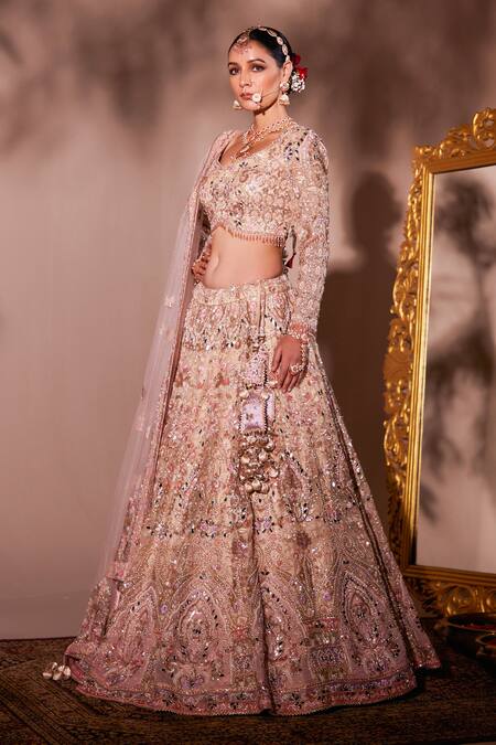 Shop Chaashni By Maansi And Ketan Ivory Organza, Net Pearls, Sequins, Mirrors Scoop Embroidered Bridal Lehenga Set Online at Aza Fashions Shop_Chaashni By Maansi And Ketan_Ivory Organza, Net Pearls, Sequins, Mirrors Scoop Embroidered Bridal Lehenga Set _Online_at_Aza_Fashions