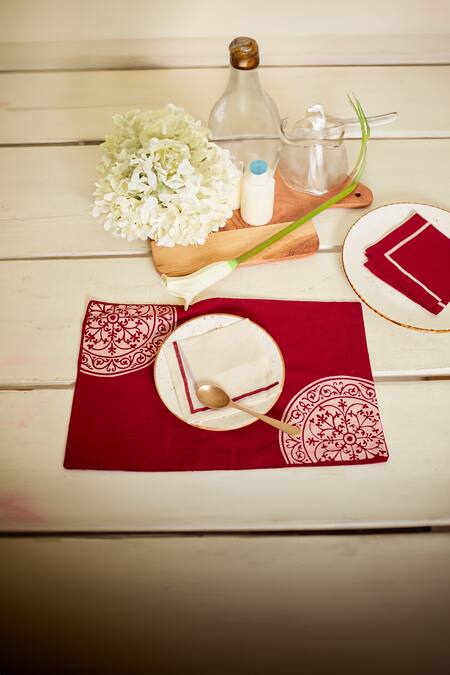 Shop Inheritance India Maroon 100% Cotton Block Print Rangoli 4 Pcs Table Mats at Aza Fashions Shop_Inheritance India_Maroon 100% Cotton Block Print Rangoli 4 Pcs Table Mats_at_Aza_Fashions
