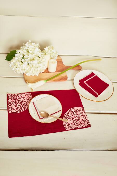 Shop Inheritance India Maroon 100% Cotton Block Print Rangoli 4 Pcs Table Mats Online at Aza Fashions Shop_Inheritance India_Maroon 100% Cotton Block Print Rangoli 4 Pcs Table Mats_Online_at_Aza_Fashions