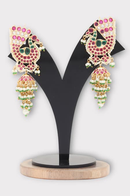 Shop Zaza By Somya Pink Emitting Peacock Kundan Studded Jhumkas at Aza Fashions Shop_Zaza By Somya_Pink Emitting Peacock Kundan Studded Jhumkas _at_Aza_Fashions