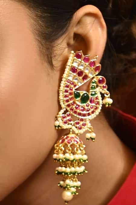 Zaza By Somya_Pink Emitting Peacock Kundan Studded Jhumkas _Online_at_Aza_Fashions