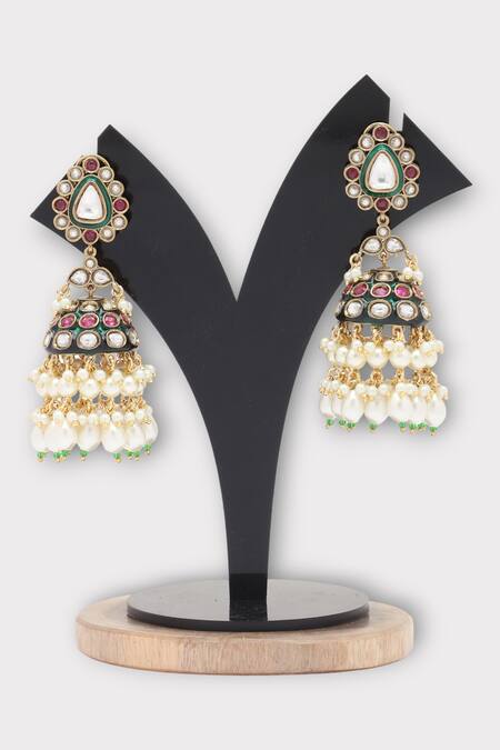Shop Zaza By Somya Multi Color Cultured Kundan Studded Tasselled Jhumkas at Aza Fashions Shop_Zaza By Somya_Multi Color Cultured Kundan Studded Tasselled Jhumkas _at_Aza_Fashions