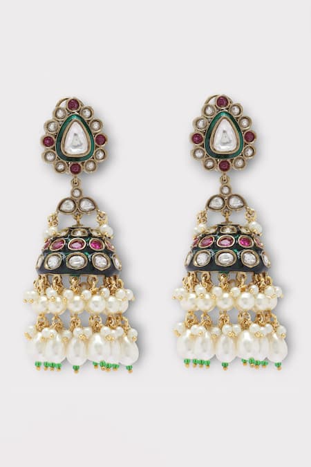 Buy Zaza By Somya Multi Color Cultured Kundan Studded Tasselled Jhumkas Online at Aza Fashions Buy_Zaza By Somya_Multi Color Cultured Kundan Studded Tasselled Jhumkas _Online_at_Aza_Fashions