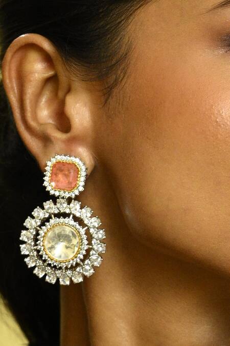 Zaza By Somya_Pink Cut Work, Diamonds Poised Clear Polki Studded Earrings _Online_at_Aza_Fashions