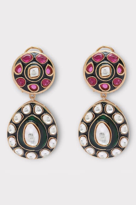 Shop Zaza By Somya Red Pearls, Crystals Grace Polki Studded Drop Pattern Earrings at Aza Fashions Shop_Zaza By Somya_Red Pearls, Crystals Grace Polki Studded Drop Pattern Earrings _at_Aza_Fashions