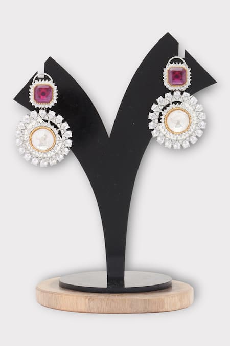 Shop Zaza By Somya Pink Diamonds, Stones Intense Polki Studded Floral Earrings at Aza Fashions Shop_Zaza By Somya_Pink Diamonds, Stones Intense Polki Studded Floral Earrings _at_Aza_Fashions