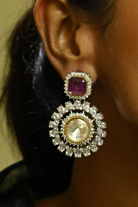 Zaza By Somya_Pink Diamonds, Stones Intense Polki Studded Floral Earrings _Online_at_Aza_Fashions