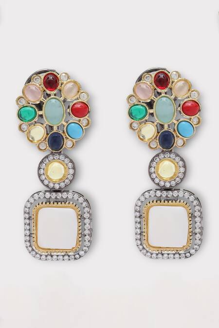 Shop Zaza By Somya Multi Color Stones Allure Floral Studded Earrings at Aza Fashions Shop_Zaza By Somya_Multi Color Stones Allure Floral Studded Earrings _at_Aza_Fashions