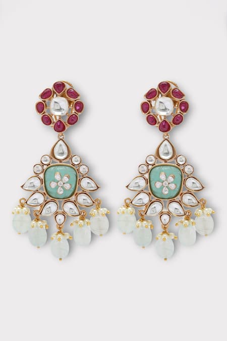 Shop Zaza By Somya Pink Beads, Stones Capturing Floral Polki Studded Dangler Earrings at Aza Fashions Shop_Zaza By Somya_Pink Beads, Stones Capturing Floral Polki Studded Dangler Earrings _at_Aza_Fashions