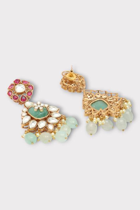 Zaza By Somya Pink Beads, Stones Capturing Floral Polki Studded Dangler Earrings Online at Aza Fashions Zaza By Somya_Pink Beads, Stones Capturing Floral Polki Studded Dangler Earrings _Online_at_Aza_Fashions