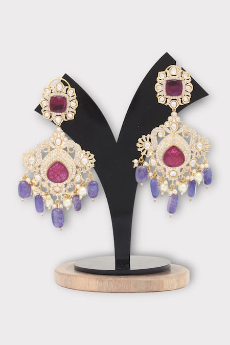 Shop Zaza By Somya Red Beads, Stones, Diamonds Luxuriously Floral Swirl Kundan Studded Earrings at Aza Fashions Shop_Zaza By Somya_Red Beads, Stones, Diamonds Luxuriously Floral Swirl Kundan Studded Earrings _at_Aza_Fashions
