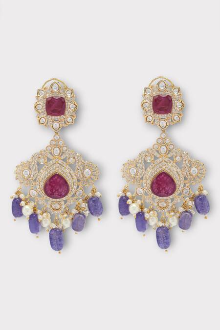 Buy Zaza By Somya Red Beads, Stones, Diamonds Luxuriously Floral Swirl Kundan Studded Earrings Online at Aza Fashions Buy_Zaza By Somya_Red Beads, Stones, Diamonds Luxuriously Floral Swirl Kundan Studded Earrings _Online_at_Aza_Fashions