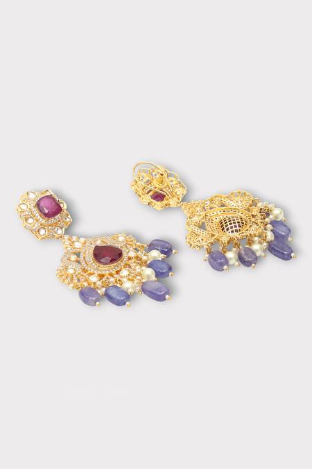 Shop Zaza By Somya Red Beads, Stones, Diamonds Luxuriously Floral Swirl Kundan Studded Earrings Online at Aza Fashions Shop_Zaza By Somya_Red Beads, Stones, Diamonds Luxuriously Floral Swirl Kundan Studded Earrings _Online_at_Aza_Fashions