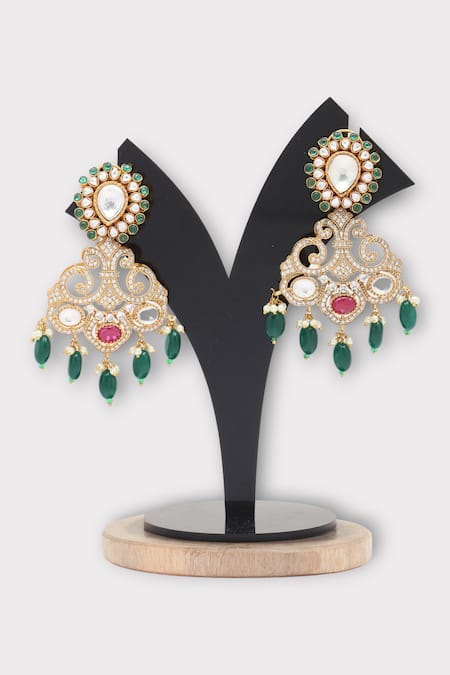 Shop Zaza By Somya Green Stones, Beads, Diamonds Evoke Swirl Polki Studded Earrings at Aza Fashions Shop_Zaza By Somya_Green Stones, Beads, Diamonds Evoke Swirl Polki Studded Earrings _at_Aza_Fashions