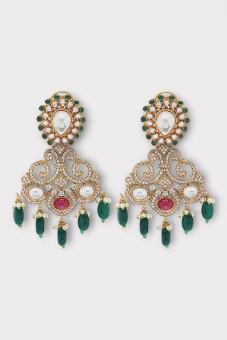 Buy Zaza By Somya Green Stones, Beads, Diamonds Evoke Swirl Polki Studded Earrings Online at Aza Fashions Buy_Zaza By Somya_Green Stones, Beads, Diamonds Evoke Swirl Polki Studded Earrings _Online_at_Aza_Fashions