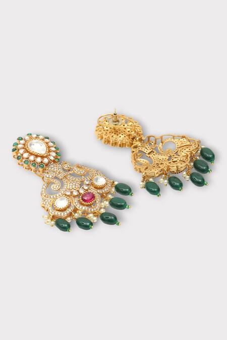 Shop Zaza By Somya Green Stones, Beads, Diamonds Evoke Swirl Polki Studded Earrings Online at Aza Fashions Shop_Zaza By Somya_Green Stones, Beads, Diamonds Evoke Swirl Polki Studded Earrings _Online_at_Aza_Fashions