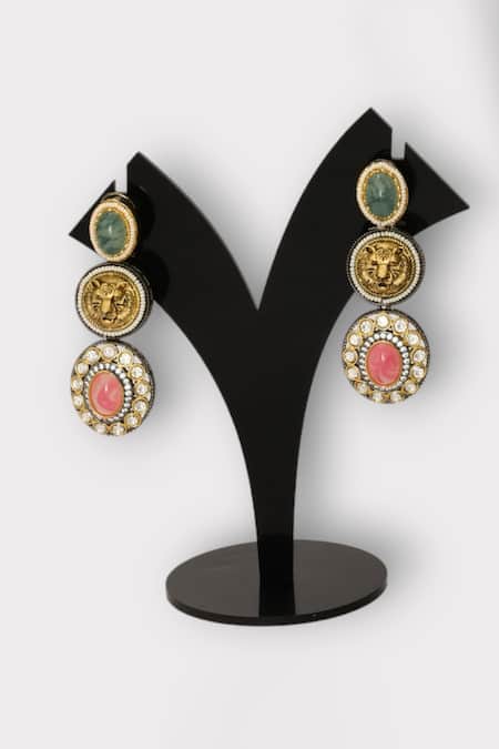 Zaza By Somya lLioness Carved Stone Studded Earrings 