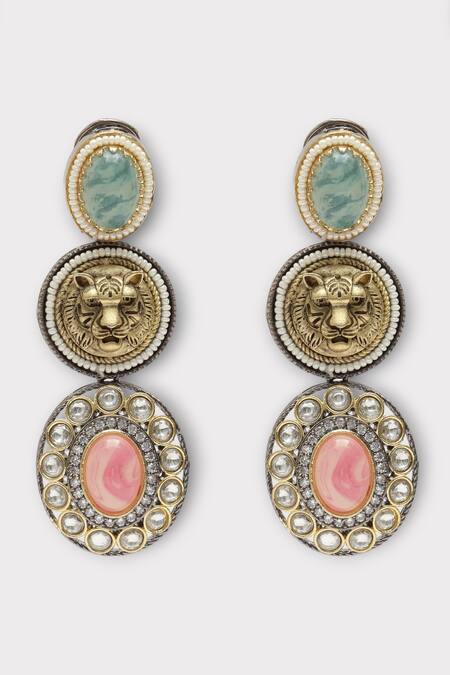 Shop Zaza By Somya Green Stones Llioness Carved Studded Earrings at Aza Fashions Shop_Zaza By Somya_Green Stones Llioness Carved Studded Earrings _at_Aza_Fashions