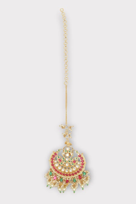 Shop Zaza By Somya Green Glow Floral Stone Studded Maagtikka at Aza Fashions Shop_Zaza By Somya_Green Glow Floral Stone Studded Maagtikka _at_Aza_Fashions