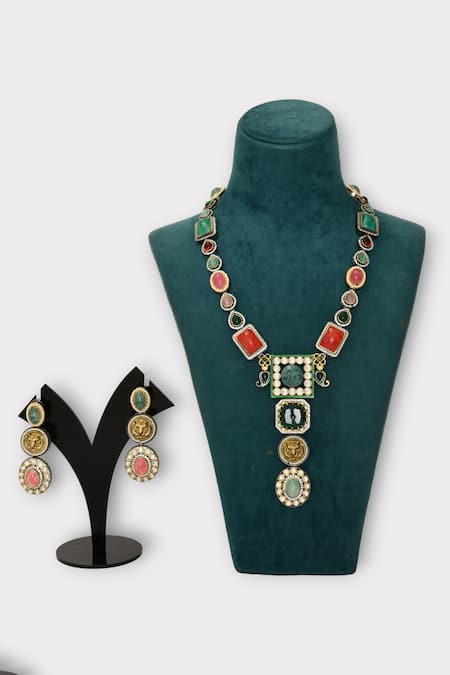 Zaza By Somya Sheen Geometric Stone Studded Long Necklace Set 