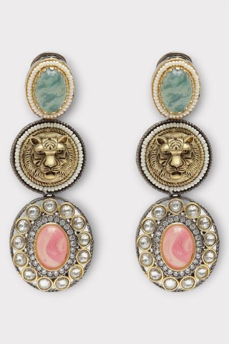 Shop Zaza By Somya Multi Color Stones Sheen Geometric Studded Long Necklace Set at Aza Fashions Shop_Zaza By Somya_Multi Color Stones Sheen Geometric Studded Long Necklace Set _at_Aza_Fashions