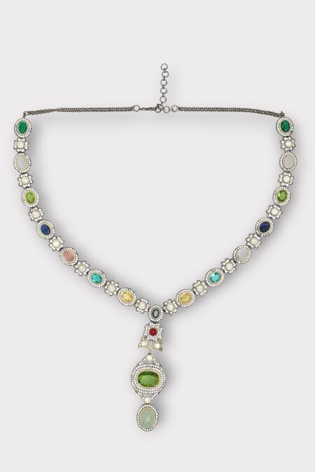 Shop Zaza By Somya Multi Color Stones Evoke Floral Studded Long Necklace Set at Aza Fashions Shop_Zaza By Somya_Multi Color Stones Evoke Floral Studded Long Necklace Set _at_Aza_Fashions