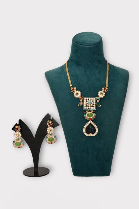 Shop Zaza By Somya Multi Color Stones Adorn Floral Geometric Studded Necklace Set at Aza Fashions Shop_Zaza By Somya_Multi Color Stones Adorn Floral Geometric Studded Necklace Set _at_Aza_Fashions