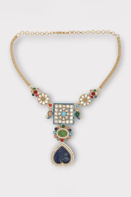 Buy Zaza By Somya Multi Color Stones Adorn Floral Geometric Studded Necklace Set Online at Aza Fashions Buy_Zaza By Somya_Multi Color Stones Adorn Floral Geometric Studded Necklace Set _Online_at_Aza_Fashions