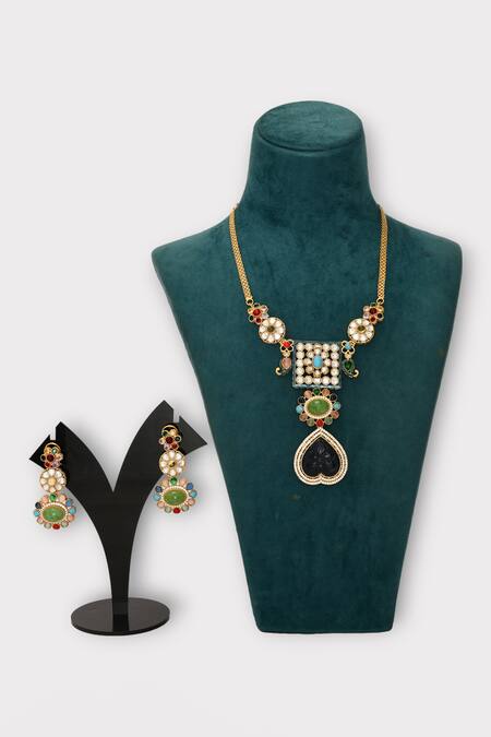 Shop Zaza By Somya Multi Color Stones Adorn Floral Geometric Studded Necklace Set Online at Aza Fashions Shop_Zaza By Somya_Multi Color Stones Adorn Floral Geometric Studded Necklace Set _Online_at_Aza_Fashions