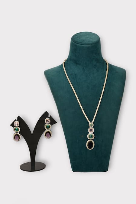 Shop Zaza By Somya Multi Color Stones Treasure Studded Necklace Set at Aza Fashions Shop_Zaza By Somya_Multi Color Stones Treasure Studded Necklace Set _at_Aza_Fashions