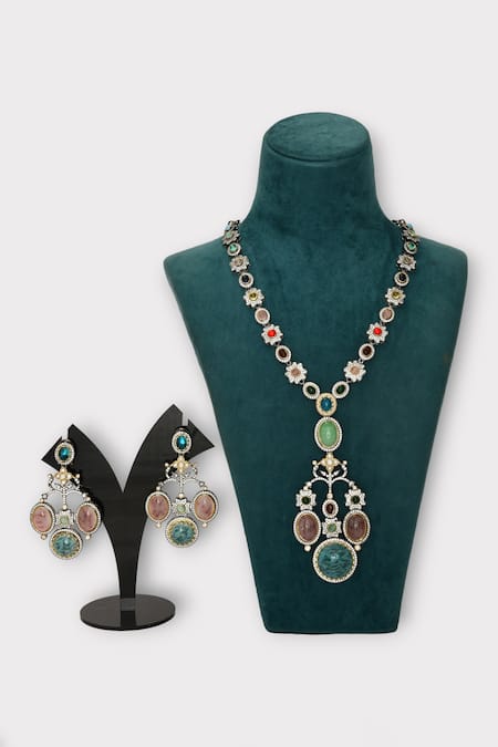 Shop Zaza By Somya Multi Color Stones Floral Vine Studded Necklace Set at Aza Fashions Shop_Zaza By Somya_Multi Color Stones Floral Vine Studded Necklace Set _at_Aza_Fashions