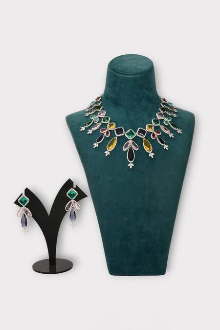 Shop Zaza By Somya Multi Color Stones Admiration Studded Drop Necklace Set at Aza Fashions Shop_Zaza By Somya_Multi Color Stones Admiration Studded Drop Necklace Set _at_Aza_Fashions