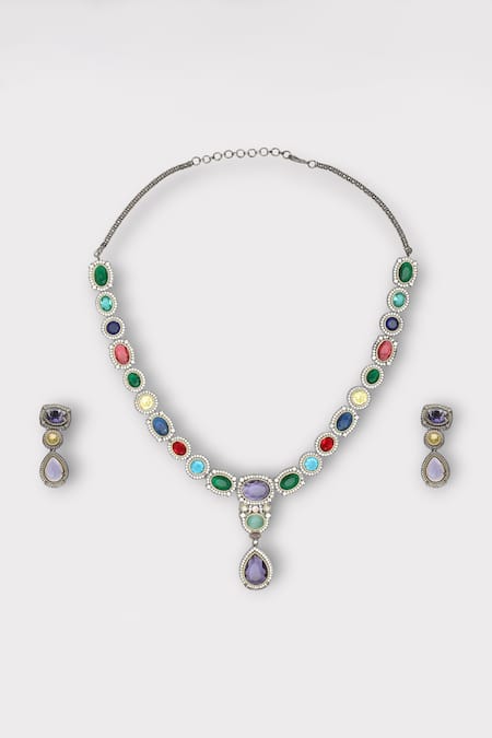 Zaza By Somya Multi Color Stone Opulent Drop Studded Necklace Set 