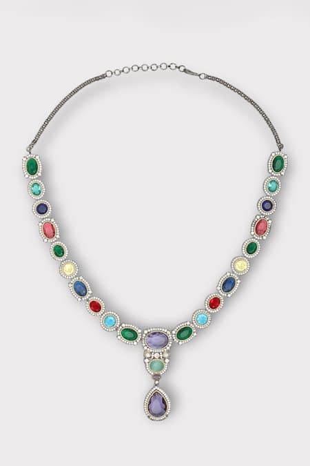 Buy_Zaza By Somya_Multi Color Stones Opulent Drop Studded Necklace Set _Online_at_Aza_Fashions