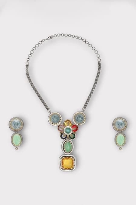 Zaza By Somya Multi Color Stone Exquisite Floral Studded Pendant Necklace Set 