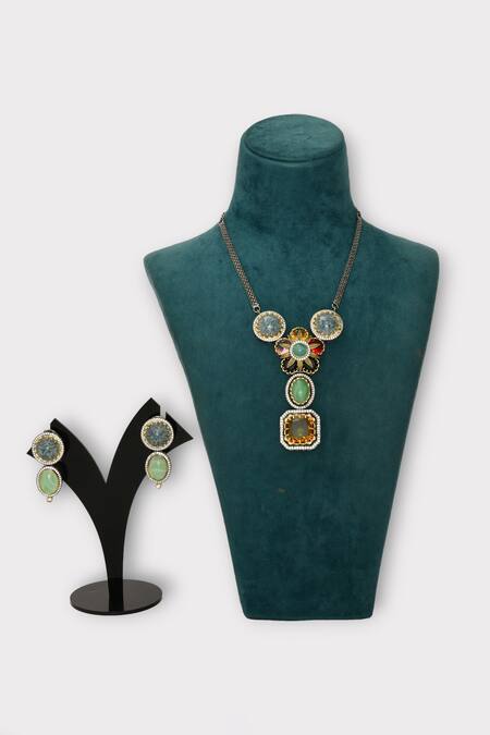 Shop Zaza By Somya Multi Color Stones Exquisite Floral Studded Pendant Necklace Set at Aza Fashions Shop_Zaza By Somya_Multi Color Stones Exquisite Floral Studded Pendant Necklace Set _at_Aza_Fashions