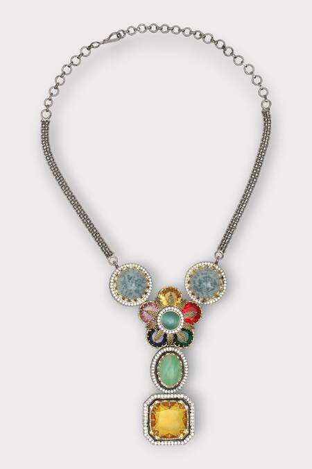 Buy Zaza By Somya Multi Color Stones Exquisite Floral Studded Pendant Necklace Set Online at Aza Fashions Buy_Zaza By Somya_Multi Color Stones Exquisite Floral Studded Pendant Necklace Set _Online_at_Aza_Fashions