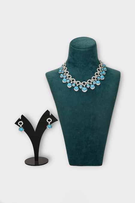 Shop Zaza By Somya Blue Imitation Diamonds Stone Studded Interlinked Necklace Set at Aza Fashions Shop_Zaza By Somya_Blue Imitation Diamonds Stone Studded Interlinked Necklace Set _at_Aza_Fashions